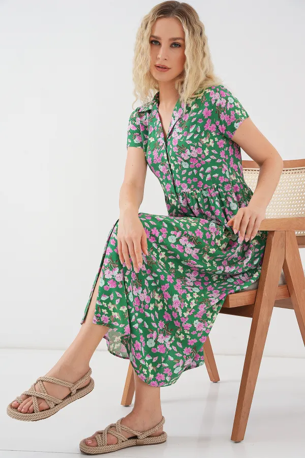 Women's Buttoned-Down Short Sleeve Floral Dress 2561 - Green
