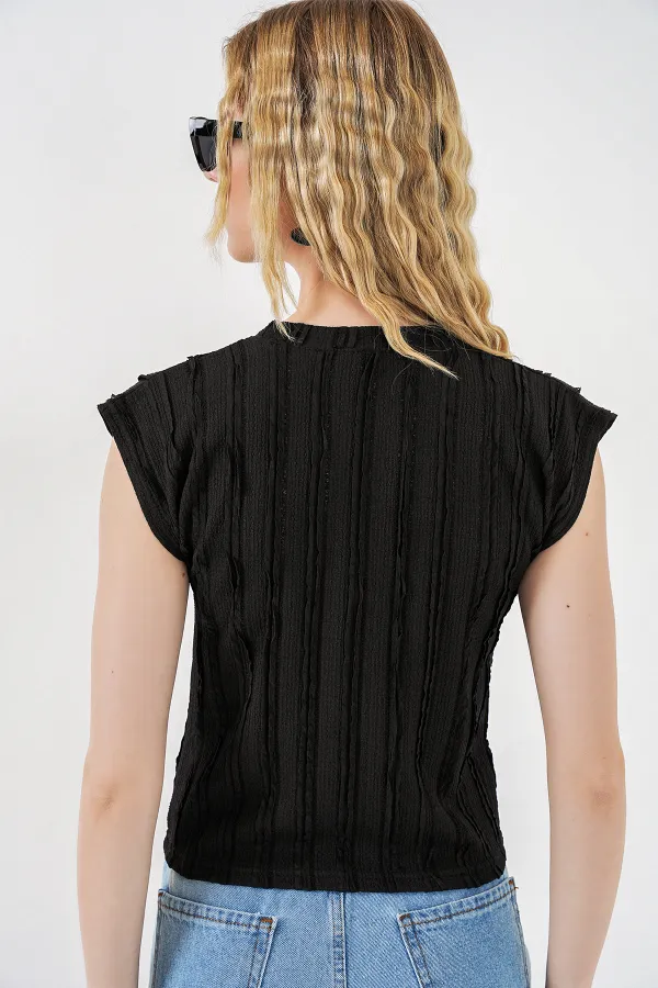 Women's Textured Sleeveless Knitted Stretch Blouse 991 - Black