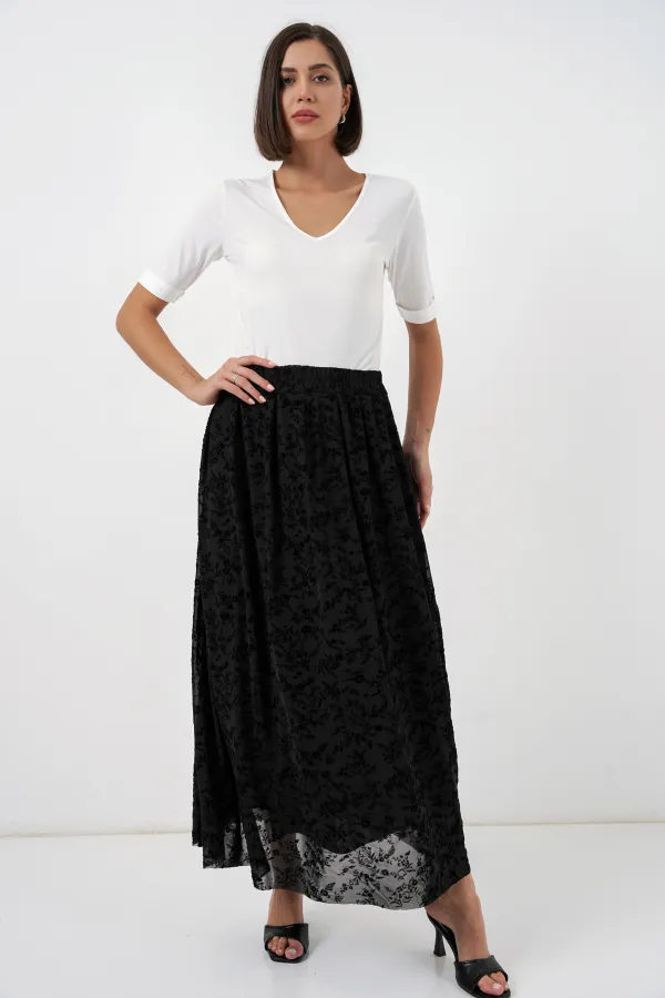 Jupe doublée à imprimé floqué pour femme 8069 - Noire