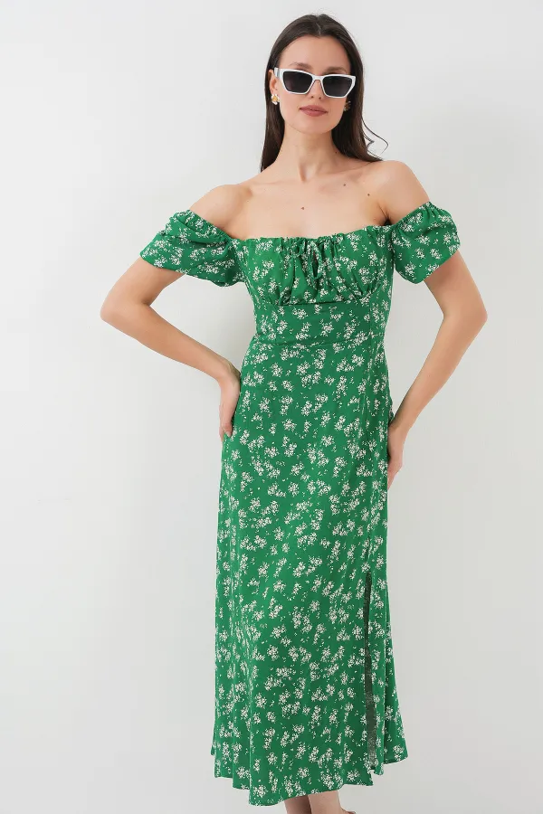2387 Slit Detail Dress - Emerald Green