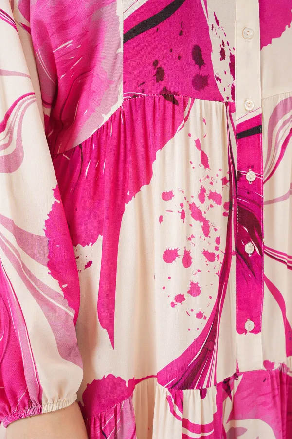 Kadın Desenli Uzun Tesettür Elbise 2585 - Fuşya