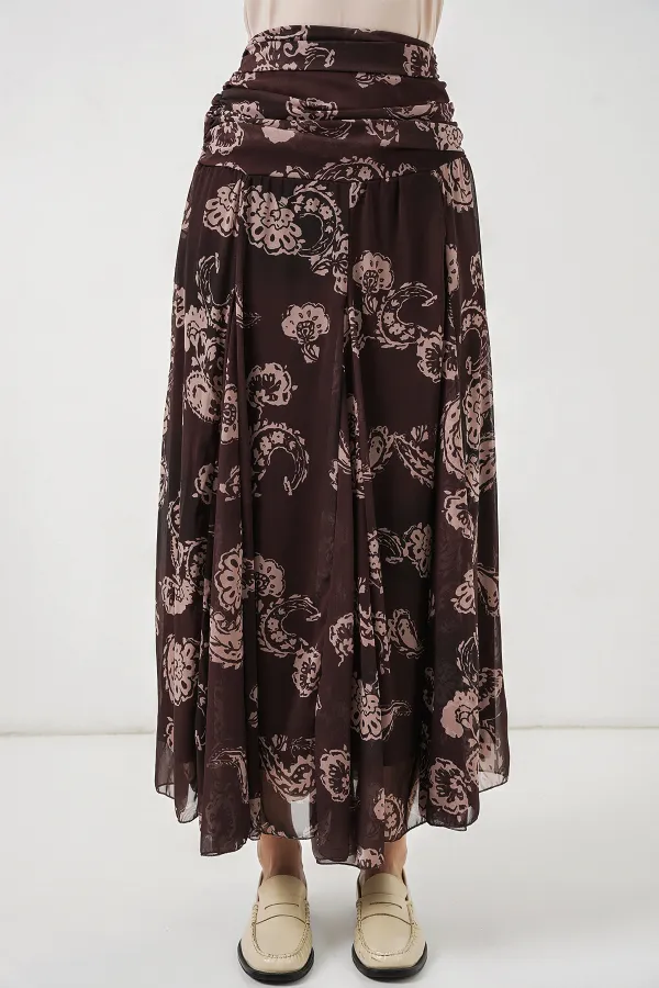Women's Patterned Chiffon Skirt 8057 - Brown