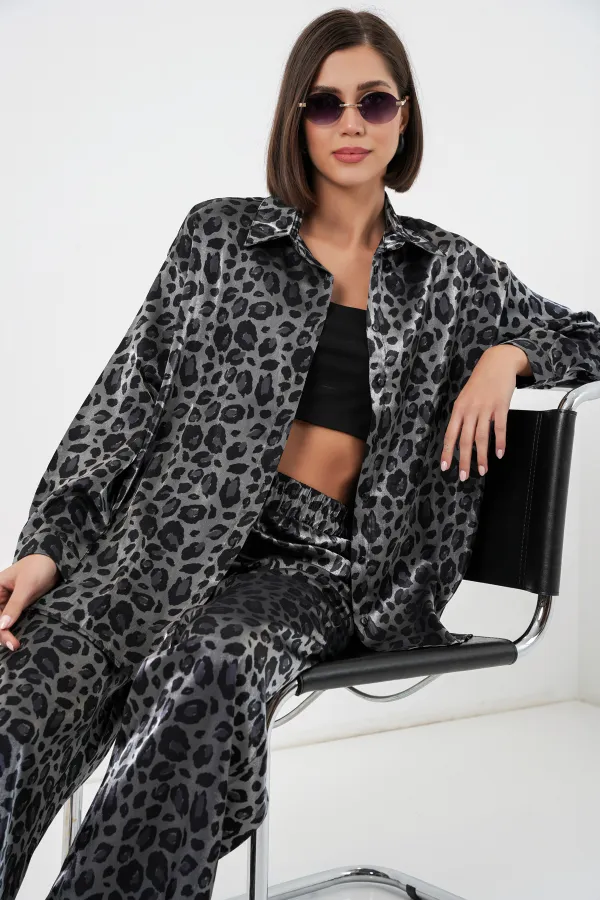 6699 Leopar Desenli Alt Üst Takım - Siyah