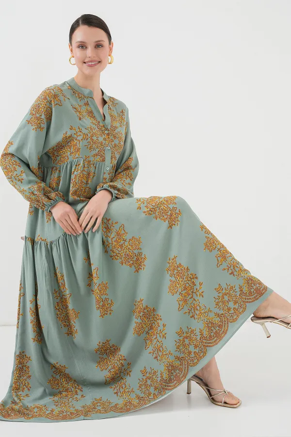 Mint Gold Desenli Tesettür Elbise 2423