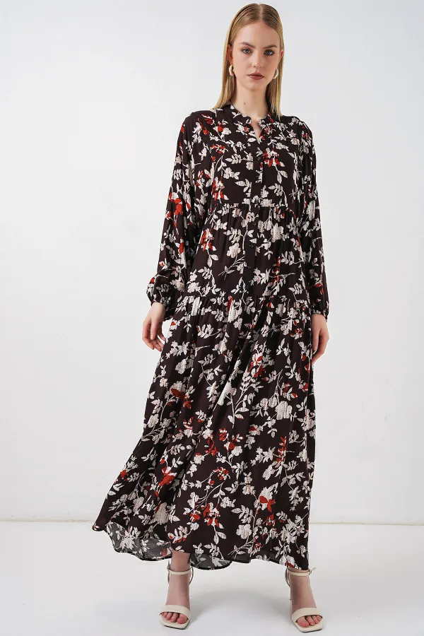 Kadın Desenli Uzun Tesettür Elbise 2585 - Beyaz - Kahve