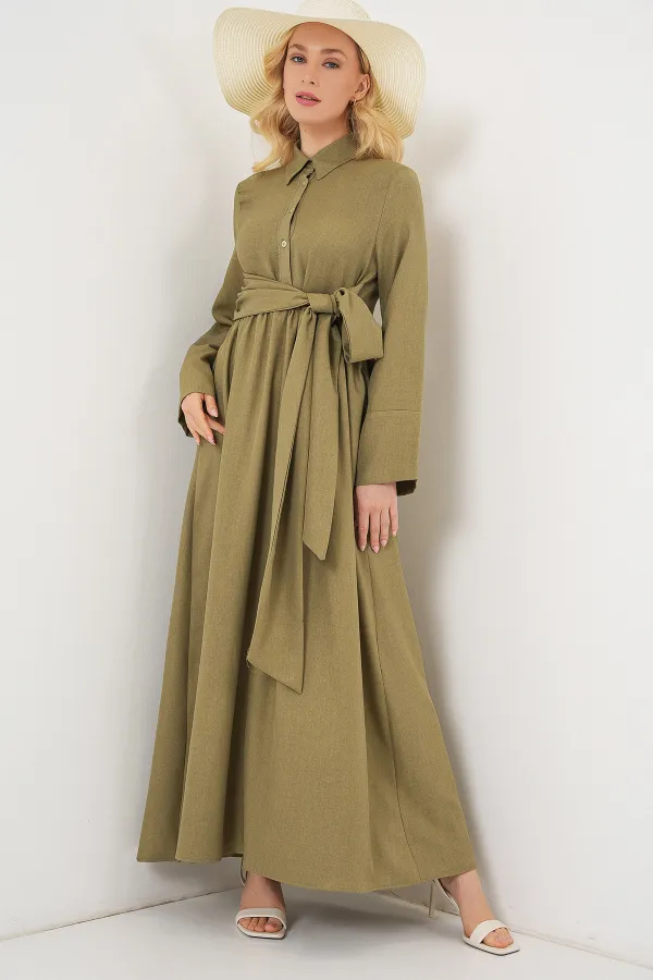 Women's Front Tie Linen Dress 2574 - Çağla