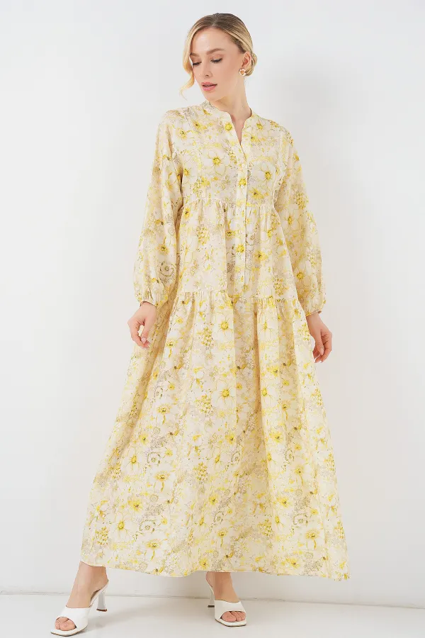 Women's Patterned Hijab Dress 2583 - Yellow