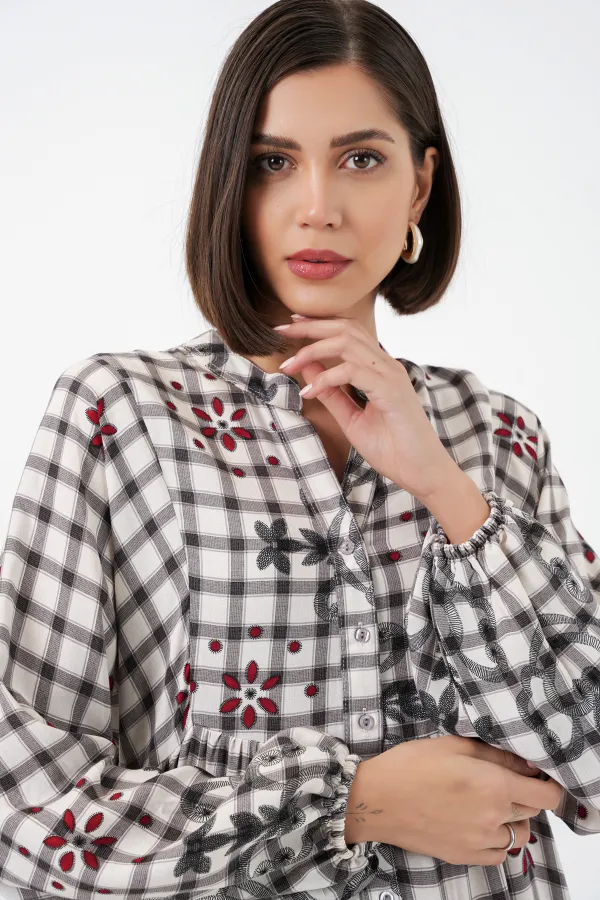 Kadın Desenli Uzun Tesettür Elbise 2585 - A.Gri