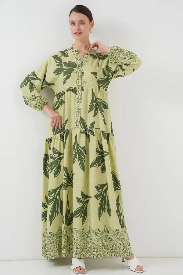 2423 Otantik Desenli Tesettür Elbise - Yeşil 4