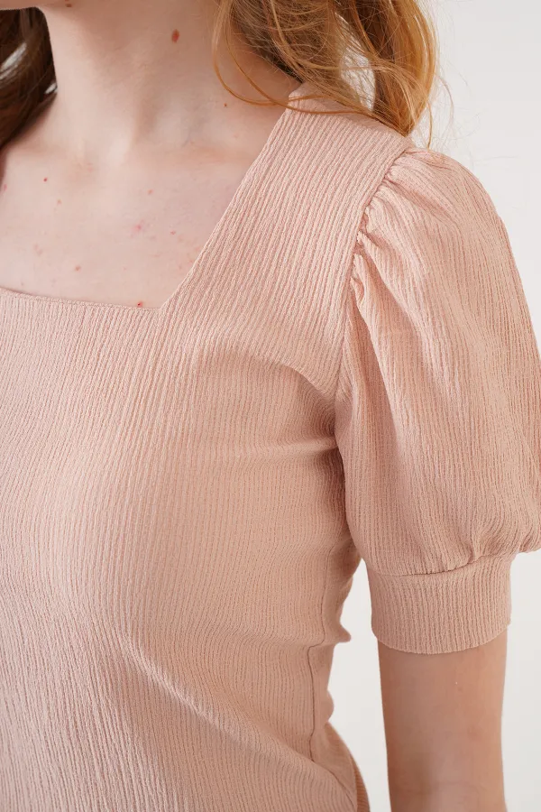 0409 Square Collar Knitted Blouse - Biscuit