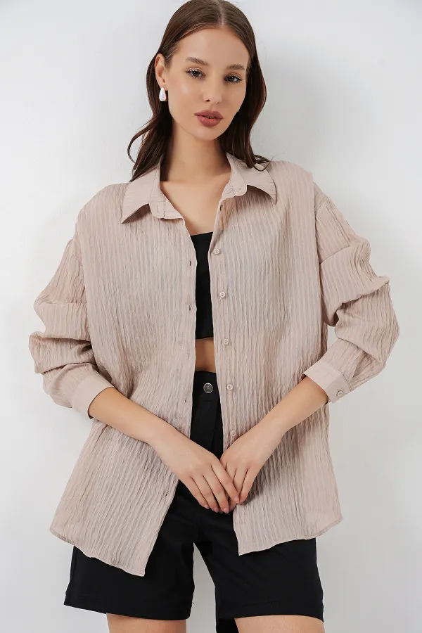 Kadın Uzun Oversize Gömlek 20320 - Bej