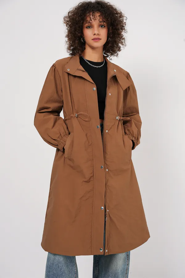 5939 Astarlı Uzun Trençkot - Taba