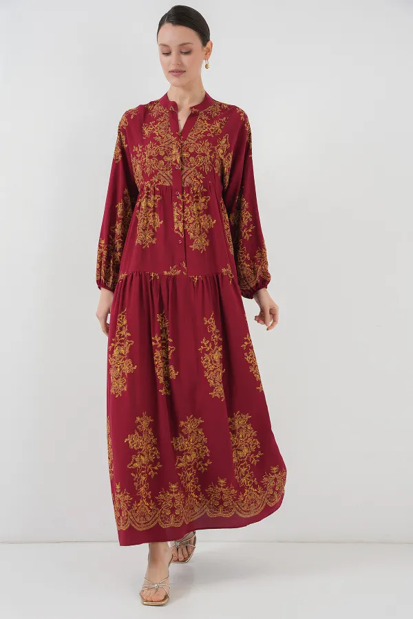 Robe hijab bordeaux à motifs dorés 2423