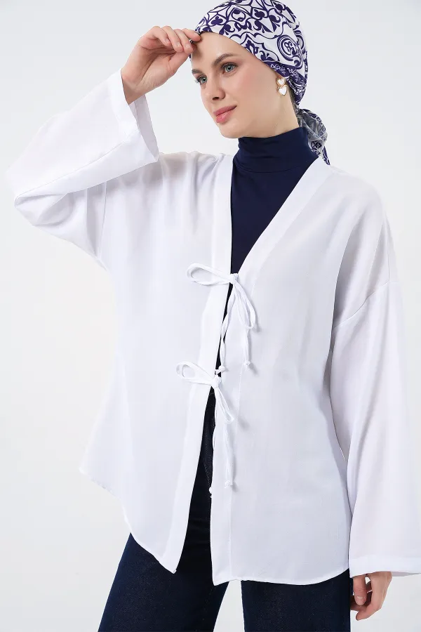 Keten Tesettür Kimono 5968 - Beyaz