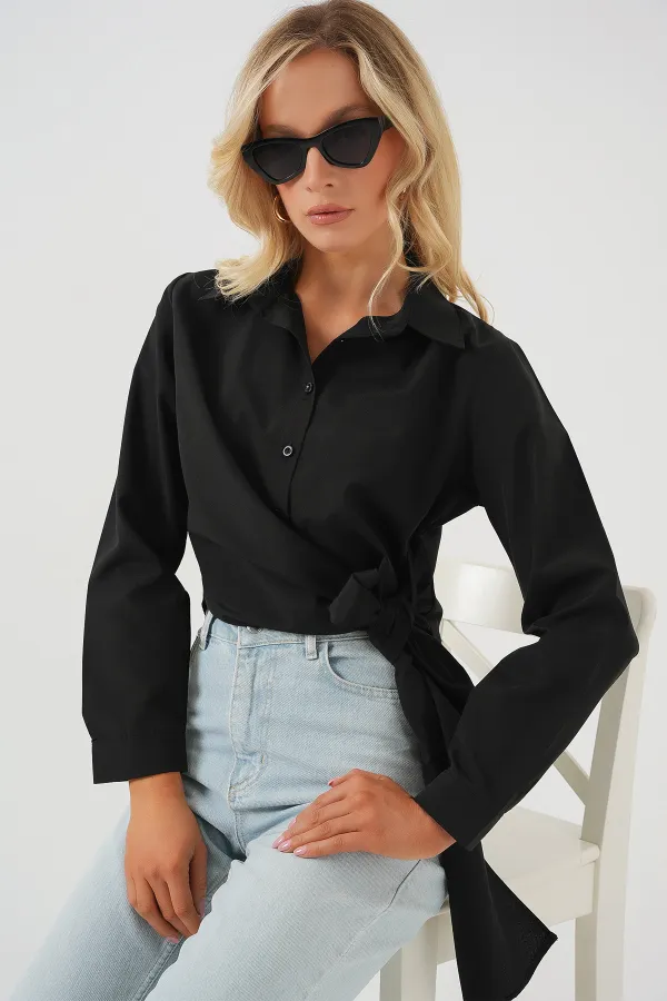 Chemise à manches longues nouée pour femme 20325 - Noire