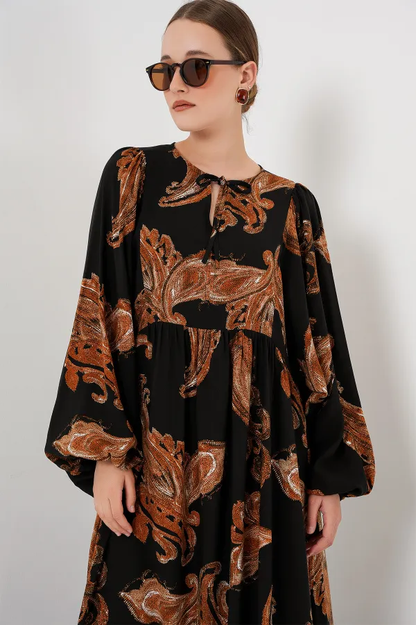 Robe longue hijab à manches ballon pour femme 2464 - Beige clair