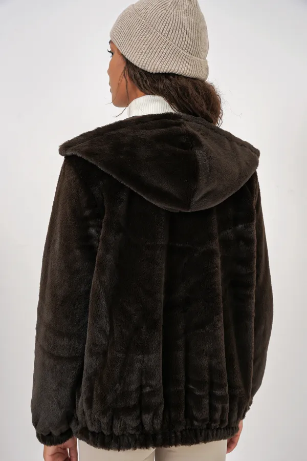 5091 Kapşonlu Kürklü İçi Astarlı Mont - Kahverengi