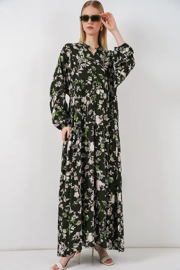 Kadın Desenli Uzun Tesettür Elbise 2585 - Koyu Haki