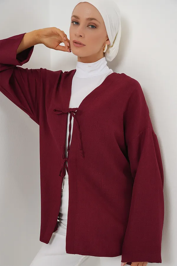 Keten Tesettür Kimono 5968 - Bordo
