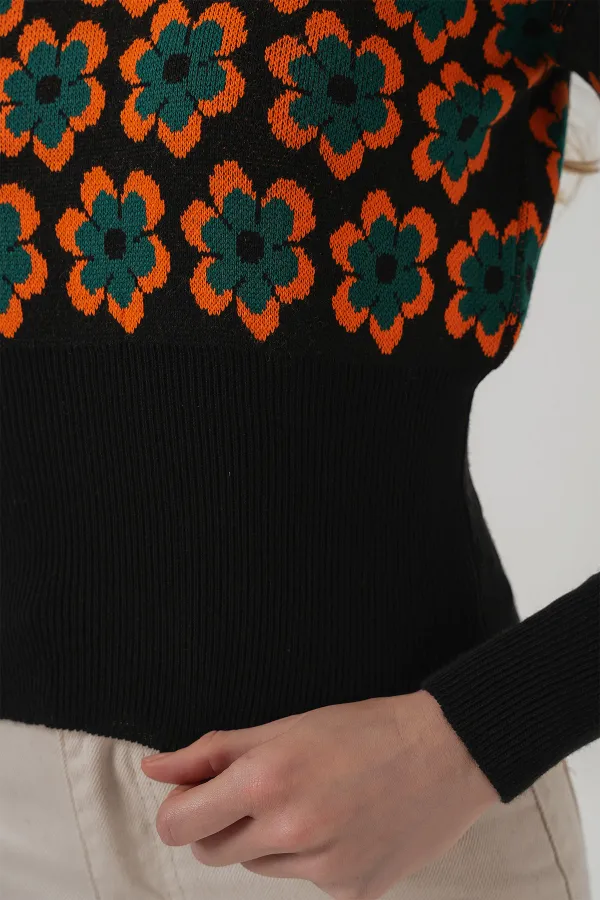 15801 Boğazlı Desenli Crop Kazak - Oranje