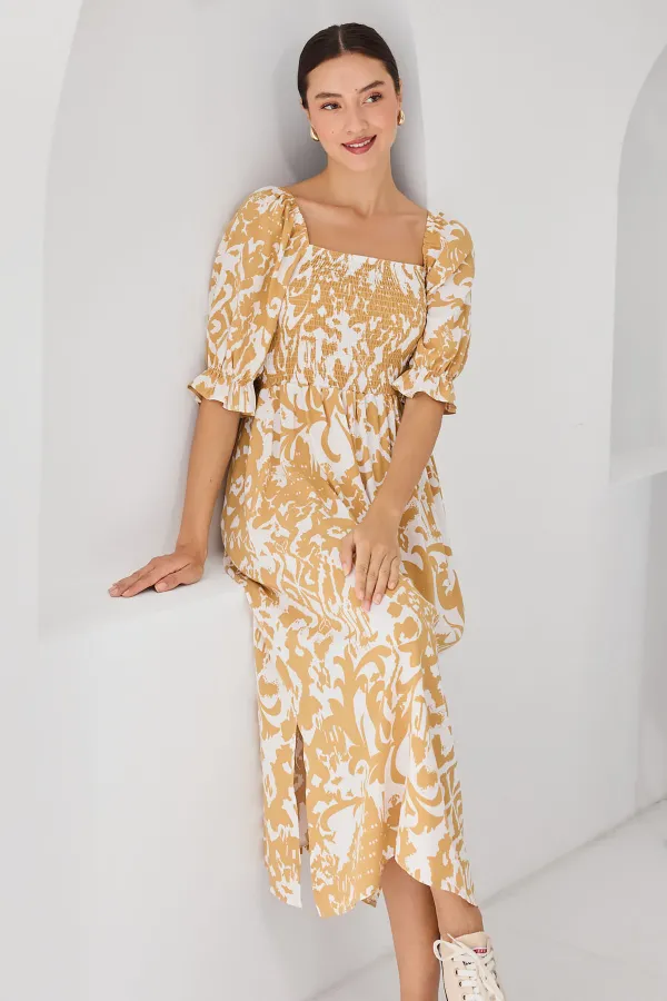 2512 Patterned Slit Dress - Yellow