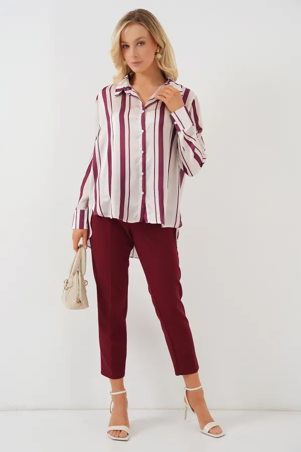 Chemise longue rayée en satin pour femme 20291 - Bordeaux
