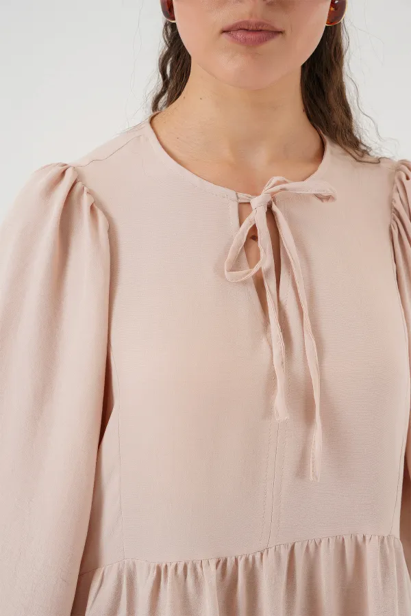 Robe longue hijab à manches ballon pour femme 2464 - Beige