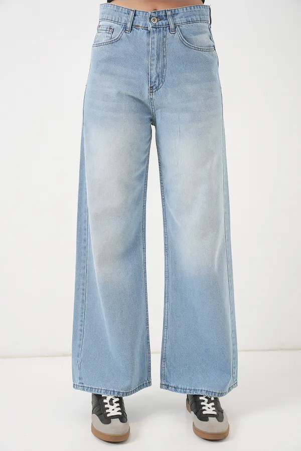 Women's Wide Leg High Waist Palazzo Jeans 6656 - Light Blue