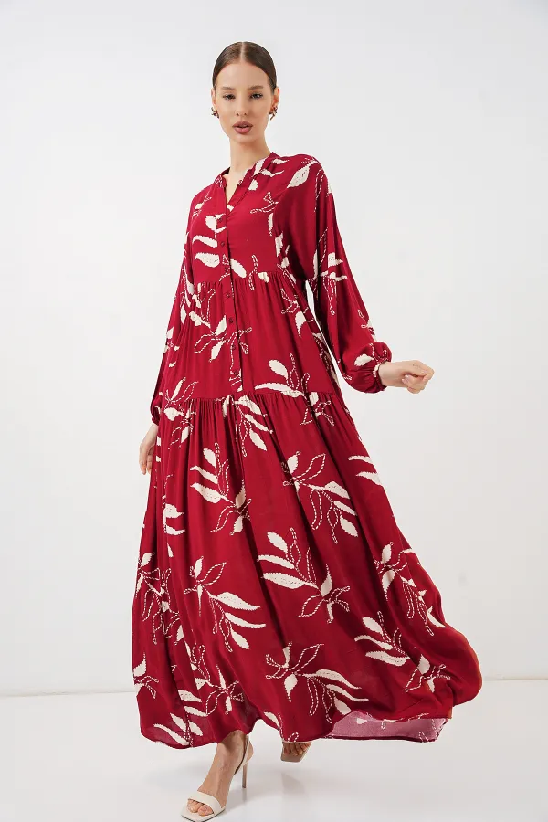 Kadın Desenli Uzun Tesettür Elbise 2585 - E. Bordo