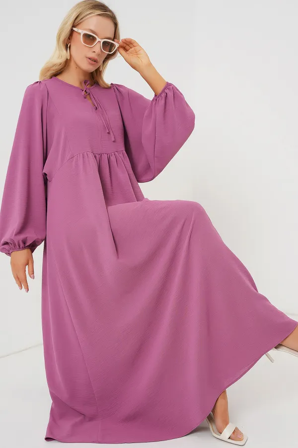 Women's Balloon Sleeve Long Hijab Dress 2464 - Rose Pink