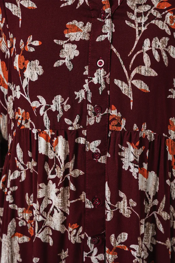 Kadın Desenli Uzun Tesettür Elbise 2585 - Z.Bordo