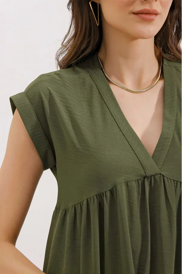 2398 V-Neck Flounce Dress - Khaki