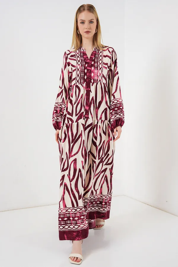 Kadın Desenli Uzun Tesettür Elbise 2585 - H. Bordo