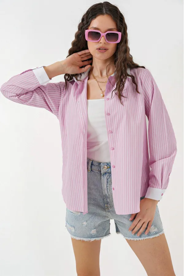 Kadın Çizgili Gömlek 20288 - Pembe