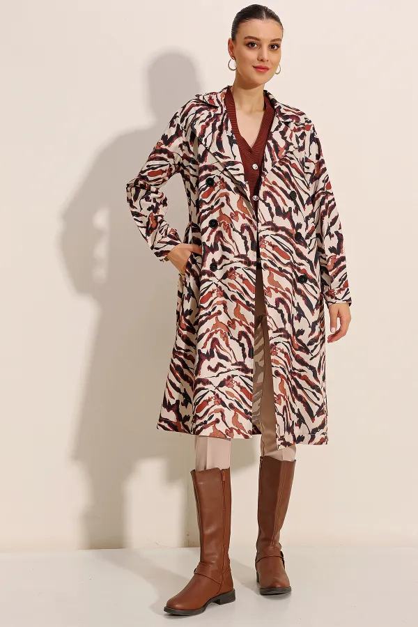 5853 Patterned Double-Breasted Trench Coat - C. Beige