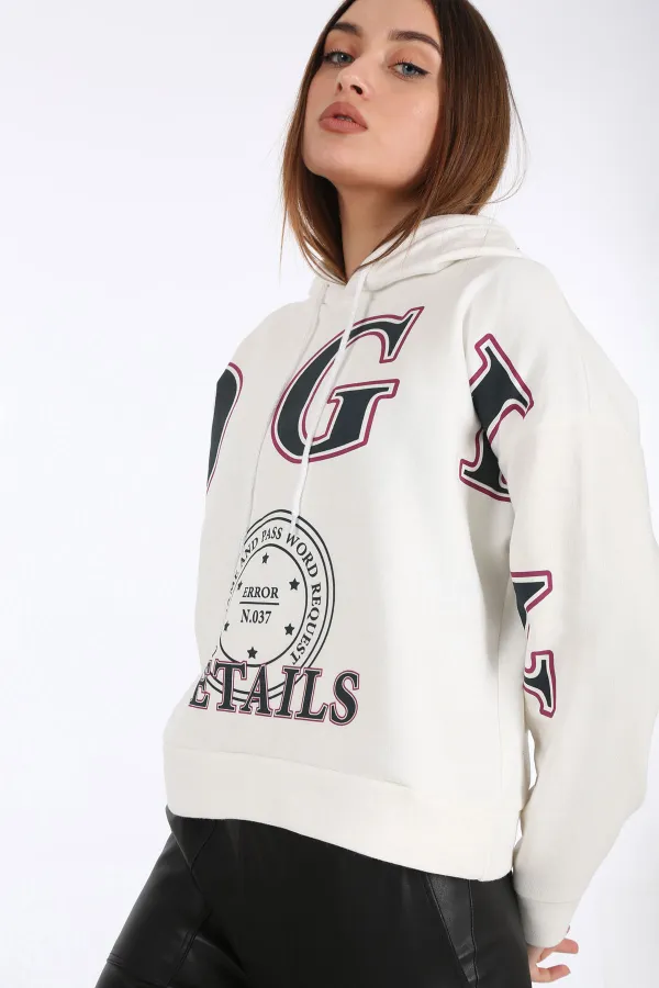 Sweat à capuche 4258 avec imprimé sur le devant - Blanc