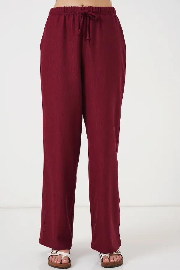 Women's Wide Leg Linen Trousers 6735 - Burgundy