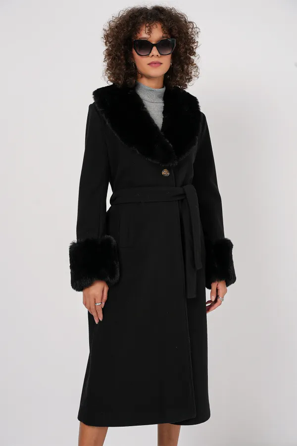 9149 Fur Detail Long Coat - Black