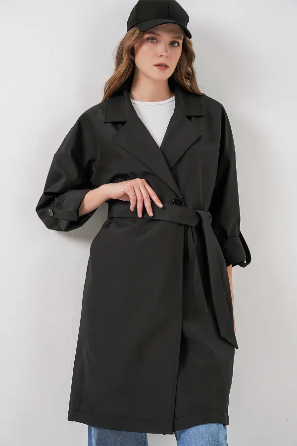 9104 Double-Breasted Lined Trench Coat - Black