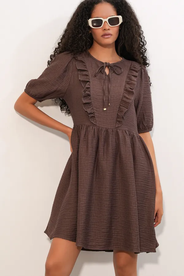 Women's Tie-Neck Short-Sleeve Ruched Dress 2600 - Brown