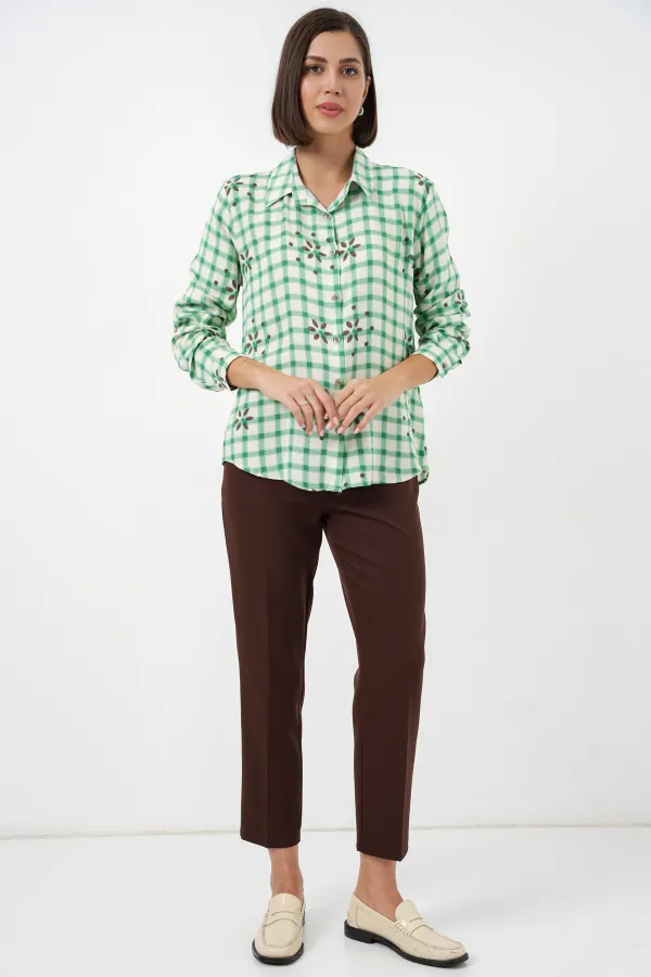 Kadın Desenli Oversize Viskon Gömlek 20371 - Yeşil