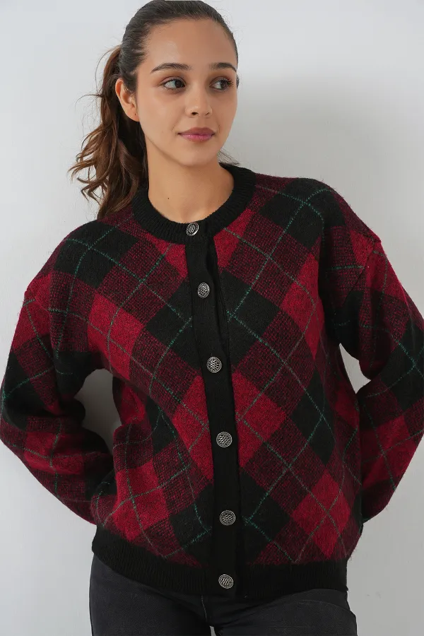 Kadın Desenli Düğmeli Triko Hırka 15927 - Bordo