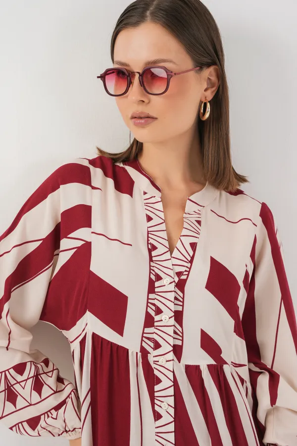 Robe longue hijab à motifs pour femme 2585 - Bordeaux