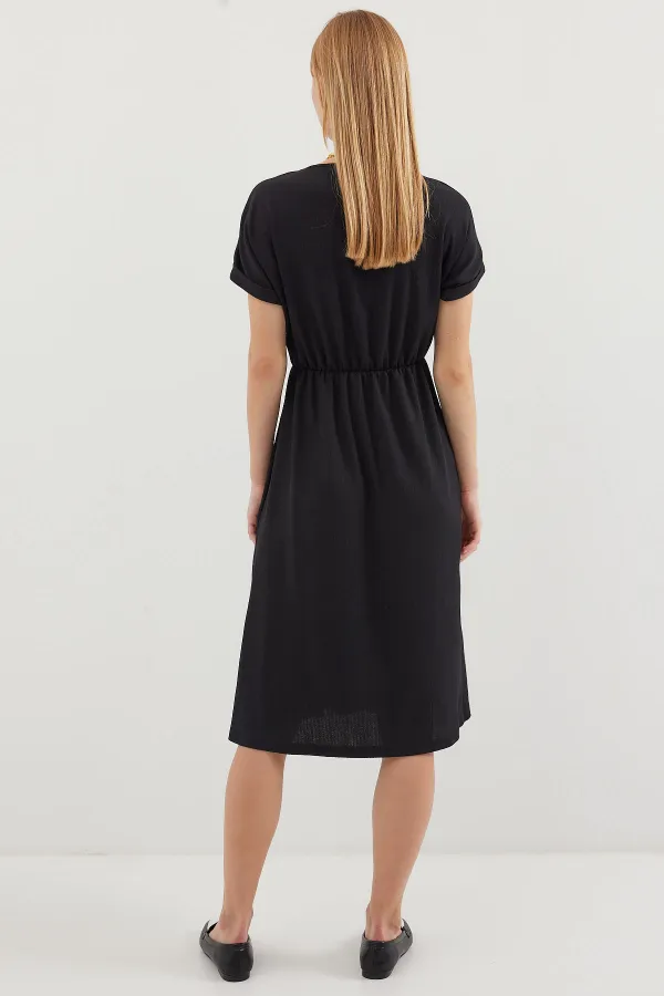 2378 V-Neck Slit Knitted Dress - Black