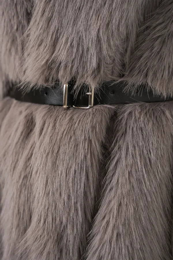 Kadın Kemerli Oversize Kürklü Kaban 9156 - Füme