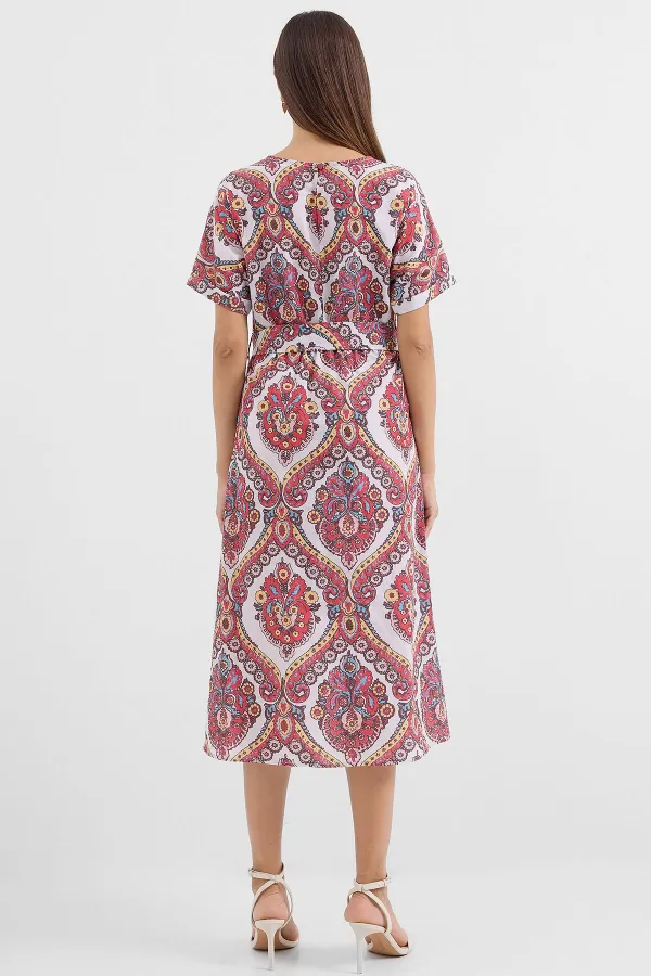 2389 Kemerli Keten Elbise - Nar