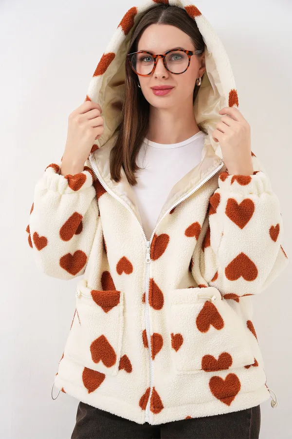 Kadın Kapüşonlu Peluş Ceket 5236 - Taba