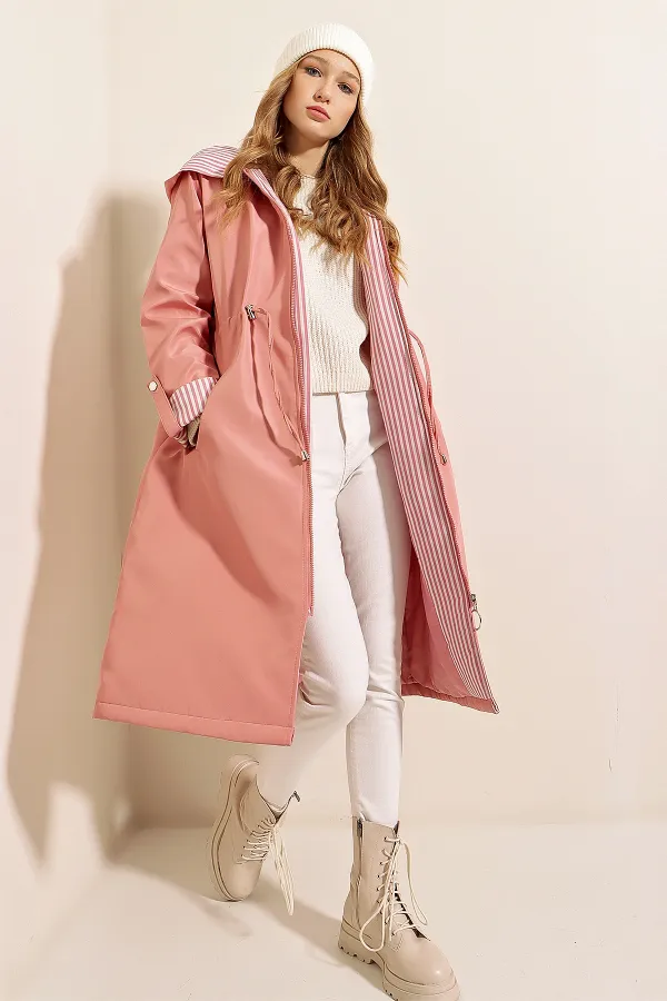9091 Beli Büzgülü Kapşonlu Trençkot - Pembe