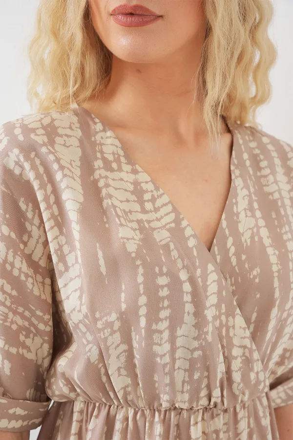 Women's Patterned Short Sleeve Dress 2569 - Beige