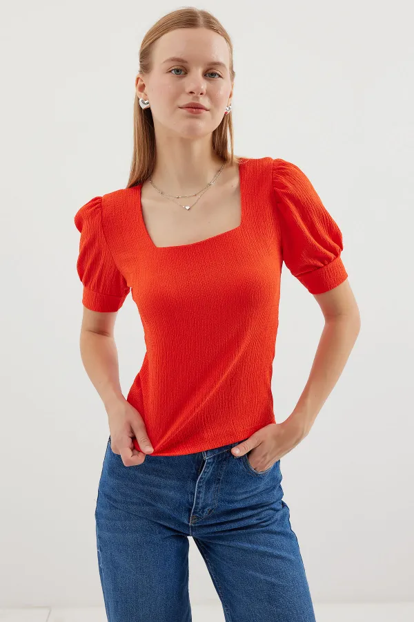 0409 Square Neck Knitted Blouse - Oranje